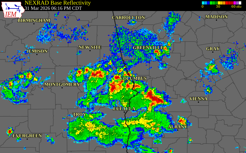 NEXRAD radar during the Tuesday, March 31, 2026 storm activity in Macon County, Alabama