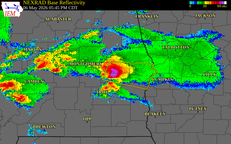 NEXRAD radar during the Wednesday, May 6, 2026 storm activity in Macon County, Alabama