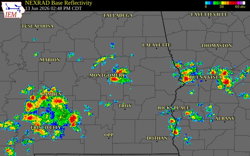 NEXRAD radar during the Saturday, June 13, 2026 storm activity in Macon County, Alabama