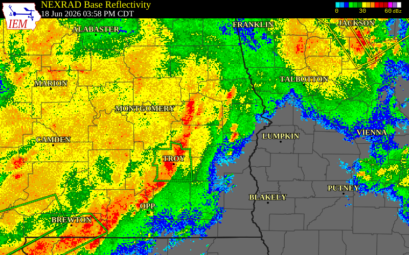 NEXRAD radar during the Thursday, June 18, 2026 storm activity in Macon County, Alabama