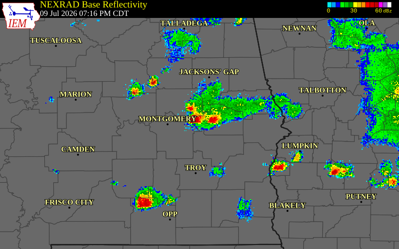 NEXRAD radar during the Thursday, July 9, 2026 storm activity in Macon County, Alabama