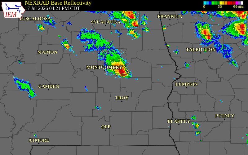 NEXRAD radar during the Friday, July 17, 2026 storm activity in Macon County, Alabama