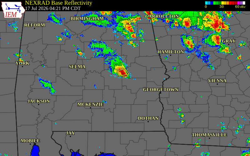 Radar snapshot during the Jul 17, 2026 wind event near Macon County, Macon County, Alabama, with NWS warning polygons