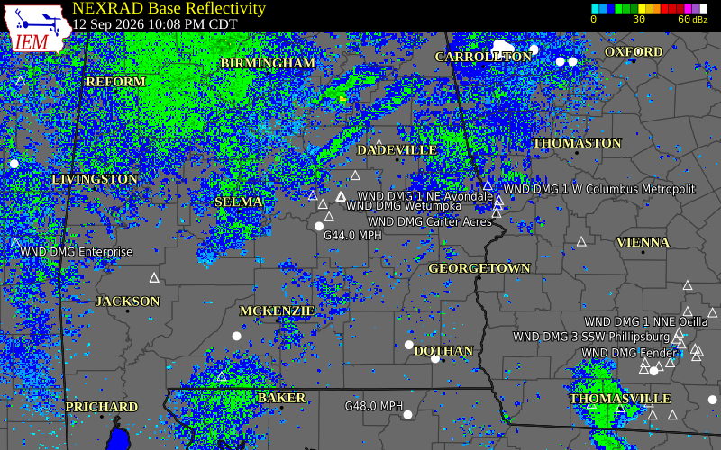 Current NEXRAD radar over Macon County, Alabama with recent storm report locations