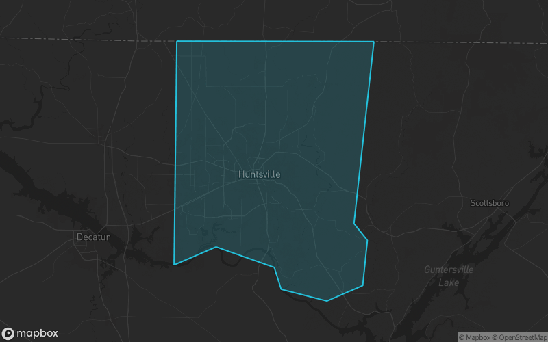 Map of Madison County, Alabama showing the county boundary and surrounding cities