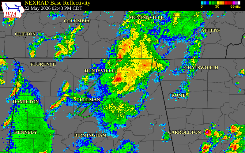 NEXRAD radar during the Friday, May 22, 2026 storm activity in Madison County, Alabama