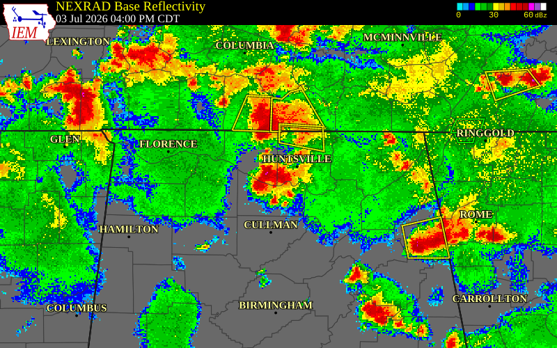 NEXRAD radar during the Friday, July 3, 2026 storm activity in Madison County, Alabama