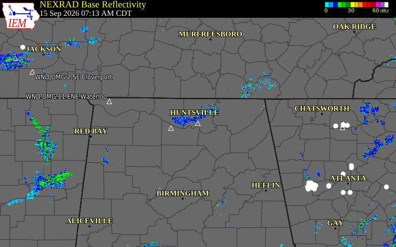 Current NEXRAD radar over Madison County, Alabama with recent storm report locations