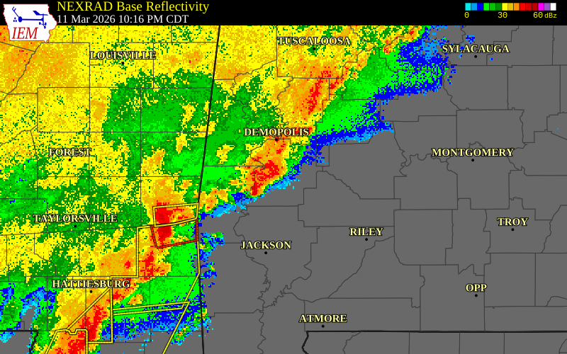 NEXRAD radar during the Wednesday, March 11, 2026 storm activity in Marengo County, Alabama
