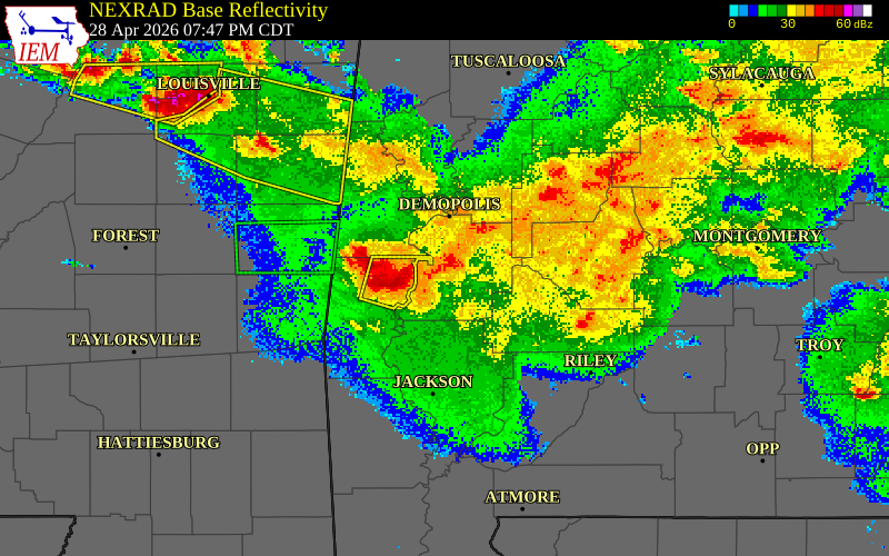 NEXRAD radar during the Tuesday, April 28, 2026 storm activity in Marengo County, Alabama
