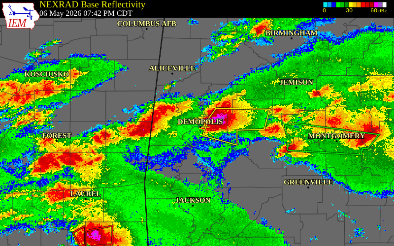 NEXRAD radar during the Wednesday, May 6, 2026 storm activity in Marengo County, Alabama