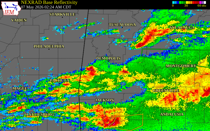 NEXRAD radar during the Thursday, May 7, 2026 storm activity in Marengo County, Alabama