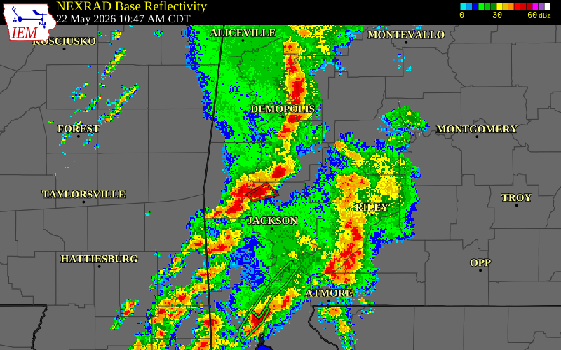 NEXRAD radar during the Friday, May 22, 2026 storm activity in Marengo County, Alabama