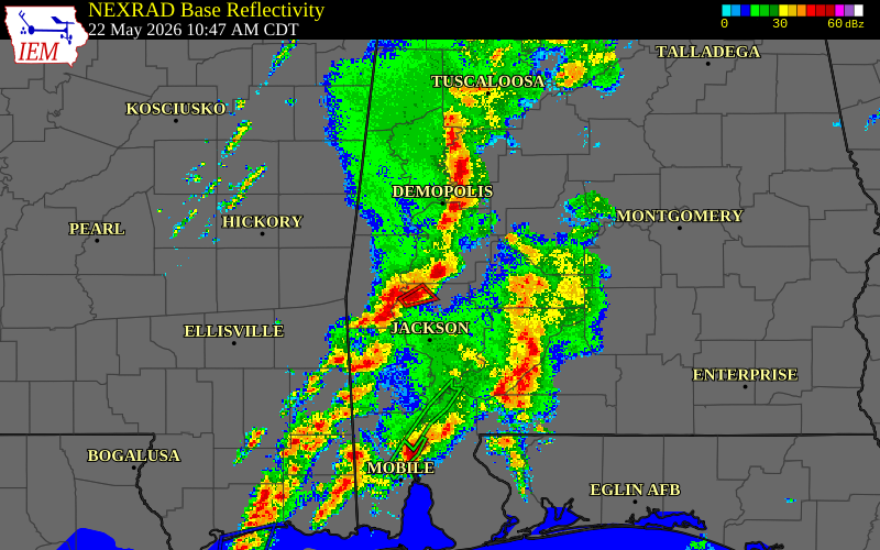 Radar snapshot during the May 22, 2026 tornado event near 3 S Sweet Water, Marengo County, Alabama, with NWS warning polygons