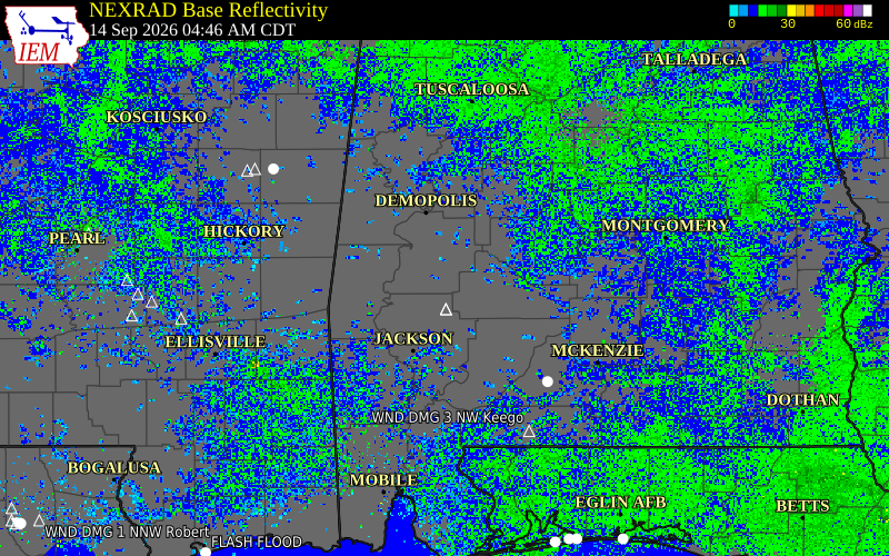 Current NEXRAD radar over Marengo County, Alabama with recent storm report locations