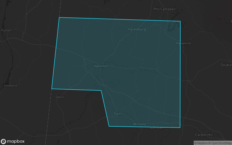 Map of Marion County, Alabama showing the county boundary and surrounding cities