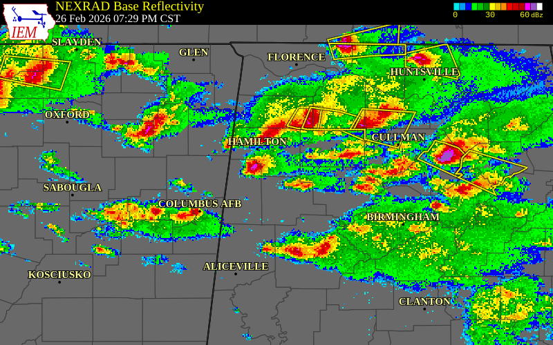 NEXRAD radar during the Thursday, February 26, 2026 storm activity in Marion County, Alabama