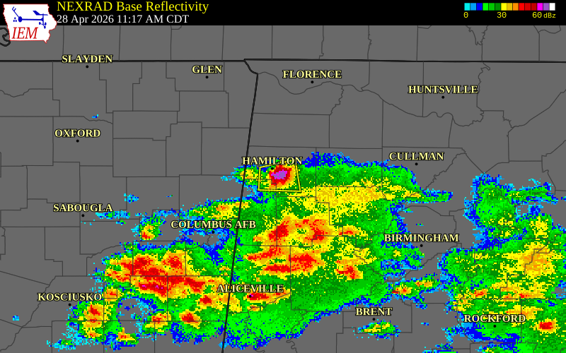 NEXRAD radar during the Tuesday, April 28, 2026 storm activity in Marion County, Alabama