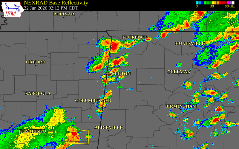 NEXRAD radar during the Monday, June 22, 2026 storm activity in Marion County, Alabama