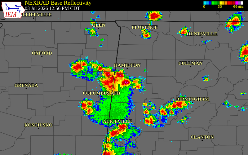 NEXRAD radar during the Friday, July 3, 2026 storm activity in Marion County, Alabama