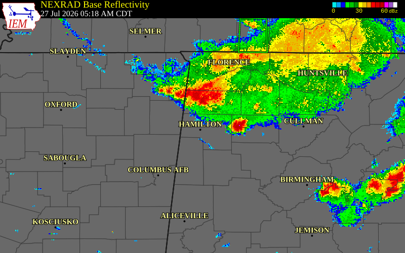 NEXRAD radar during the Monday, July 27, 2026 storm activity in Marion County, Alabama