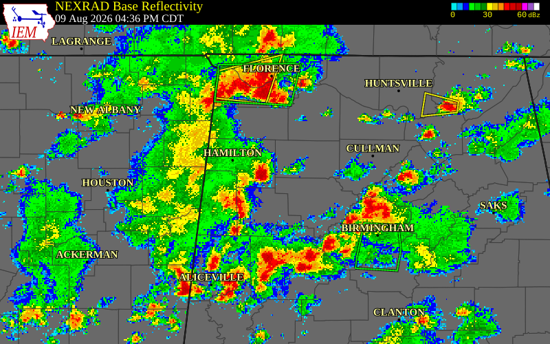 NEXRAD radar during the Sunday, August 9, 2026 storm activity in Marion County, Alabama
