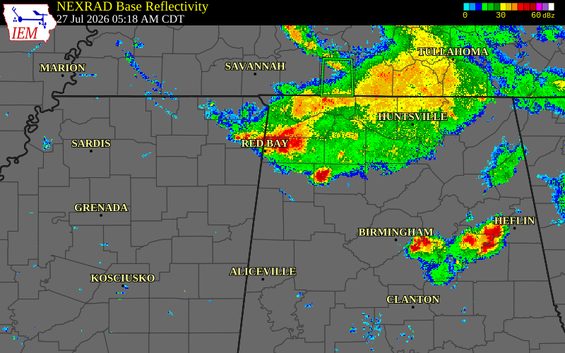 Radar snapshot during the Jul 27, 2026 wind event near Marion County, Marion County, Alabama, with NWS warning polygons