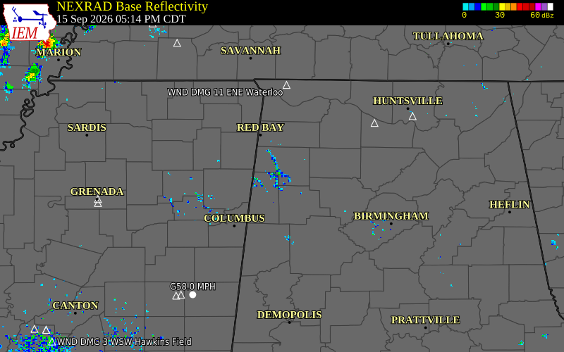 Current NEXRAD radar over Marion County, Alabama with recent storm report locations