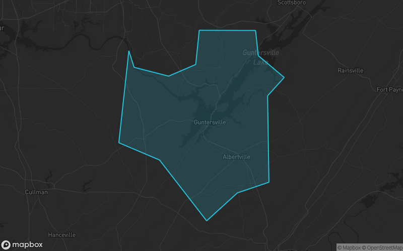 Map of Marshall County, Alabama showing the county boundary and surrounding cities