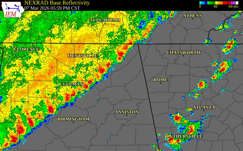 NEXRAD radar during the Saturday, March 7, 2026 storm activity in Marshall County, Alabama