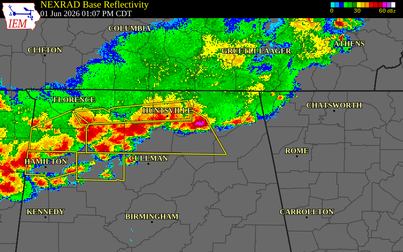 NEXRAD radar during the Monday, June 1, 2026 storm activity in Marshall County, Alabama