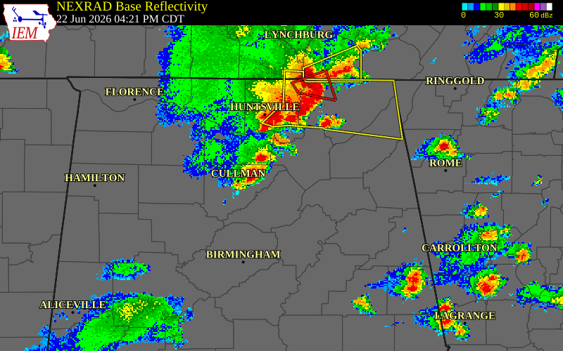 NEXRAD radar during the Monday, June 22, 2026 storm activity in Marshall County, Alabama