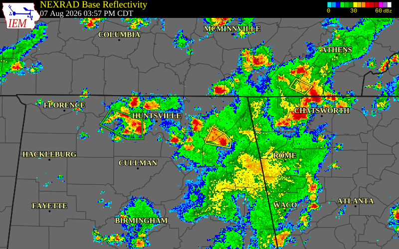 NEXRAD radar during the Friday, August 7, 2026 storm activity in Marshall County, Alabama