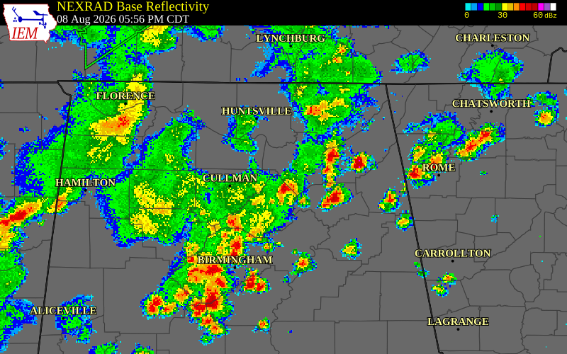 NEXRAD radar during the Saturday, August 8, 2026 storm activity in Marshall County, Alabama