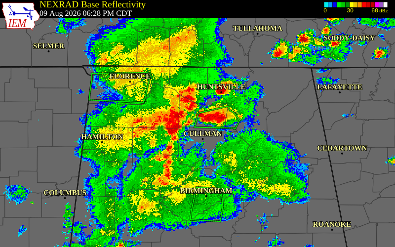 NEXRAD radar during the Sunday, August 9, 2026 storm activity in Marshall County, Alabama