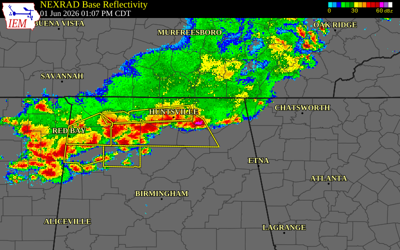 Radar snapshot during the Jun 1, 2026 hail event near 3 SE Woodville, Marshall County, Alabama, with NWS warning polygons