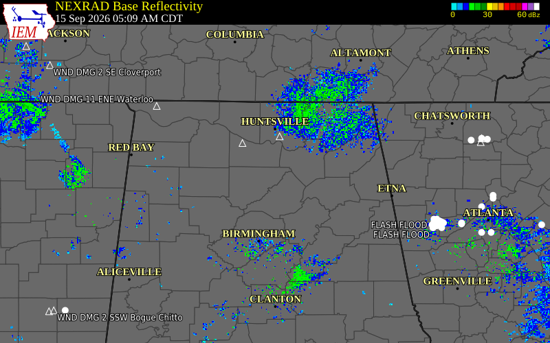 Current NEXRAD radar over Marshall County, Alabama with recent storm report locations