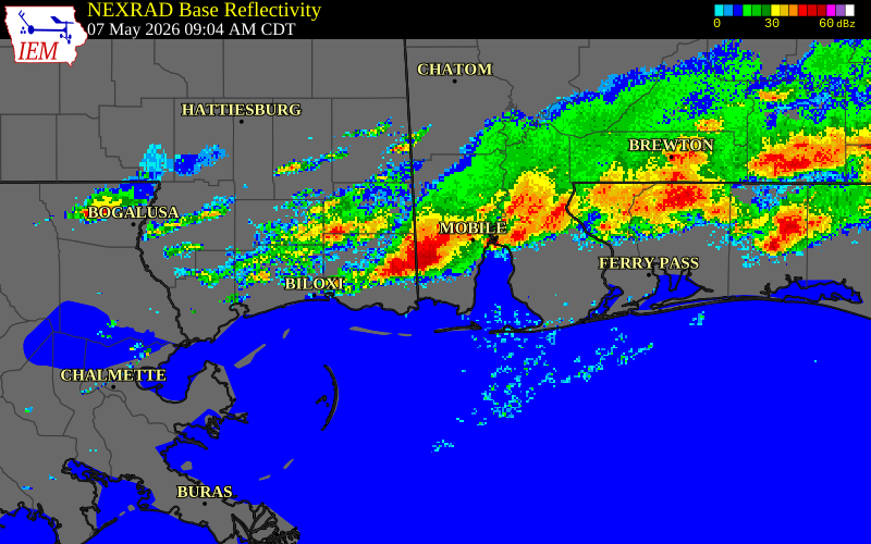 NEXRAD radar during the Thursday, May 7, 2026 storm activity in Mobile County, Alabama