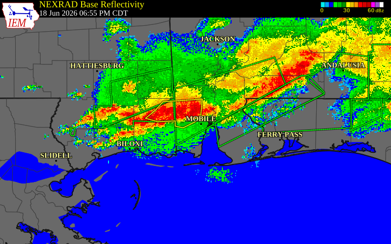 NEXRAD radar during the Thursday, June 18, 2026 storm activity in Mobile County, Alabama
