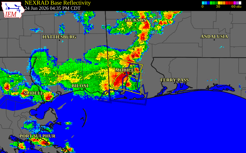 NEXRAD radar during the Wednesday, June 24, 2026 storm activity in Mobile County, Alabama