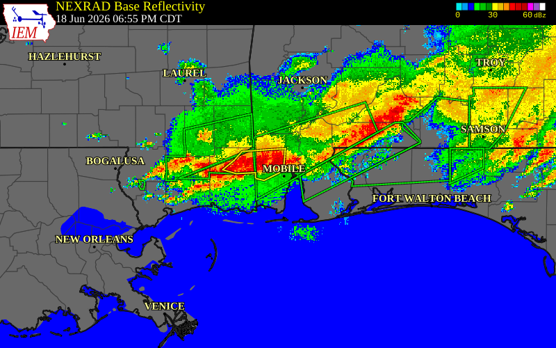 Radar snapshot during the Jun 18, 2026 tornado event near 2 ESE Magnolia Grove Go, Mobile County, Alabama, with NWS warning polygons