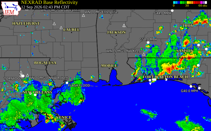 Current NEXRAD radar over Mobile County, Alabama with recent storm report locations
