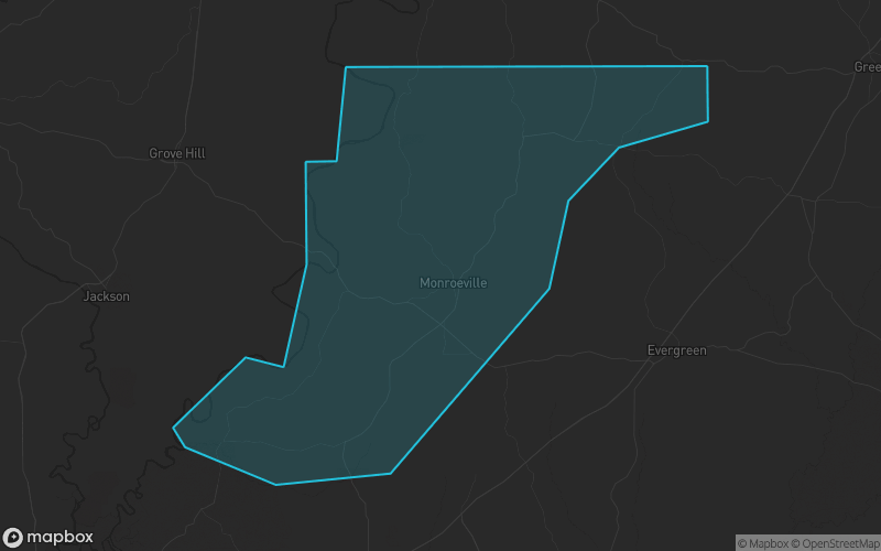 Map of Monroe County, Alabama showing the county boundary and surrounding cities