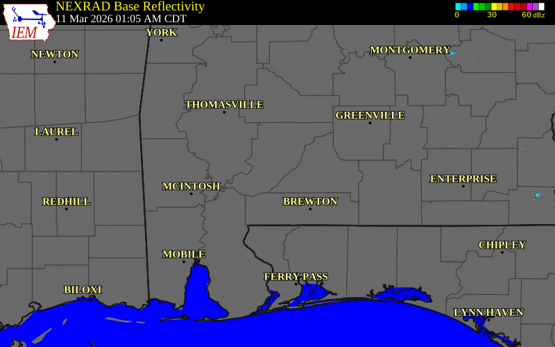 NEXRAD radar during the Wednesday, March 11, 2026 storm activity in Monroe County, Alabama