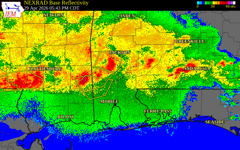 NEXRAD radar during the Wednesday, April 29, 2026 storm activity in Monroe County, Alabama