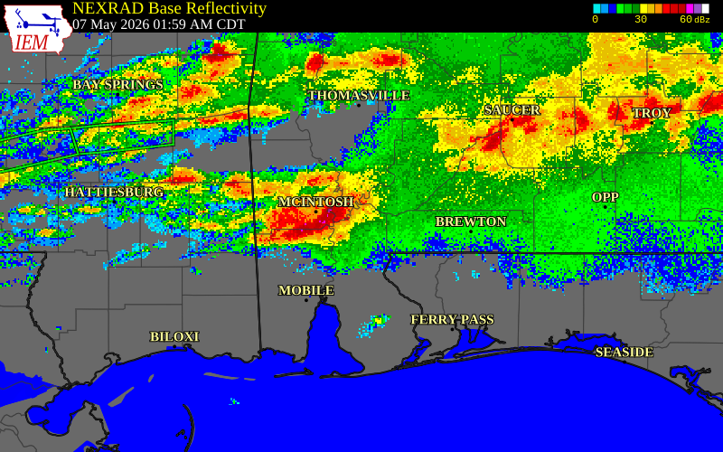 NEXRAD radar during the Thursday, May 7, 2026 storm activity in Monroe County, Alabama