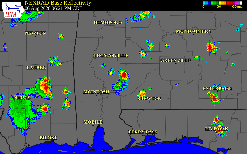 NEXRAD radar during the Thursday, August 6, 2026 storm activity in Monroe County, Alabama