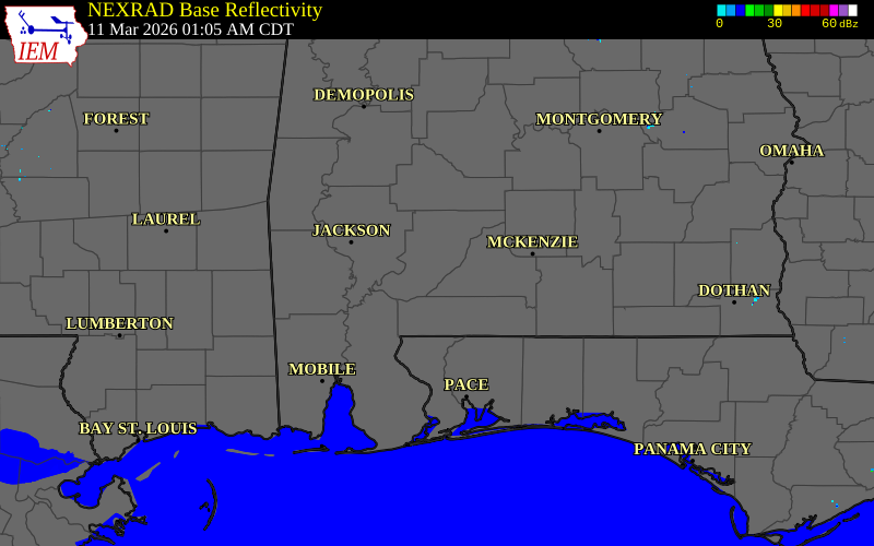Radar snapshot during the Mar 11, 2026 wind event near 1 WSW Excel, Monroe County, Alabama, with NWS warning polygons