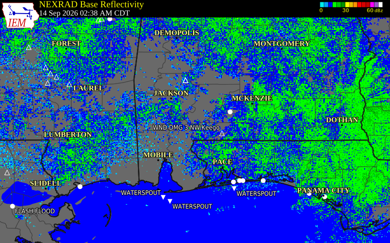 Current NEXRAD radar over Monroe County, Alabama with recent storm report locations