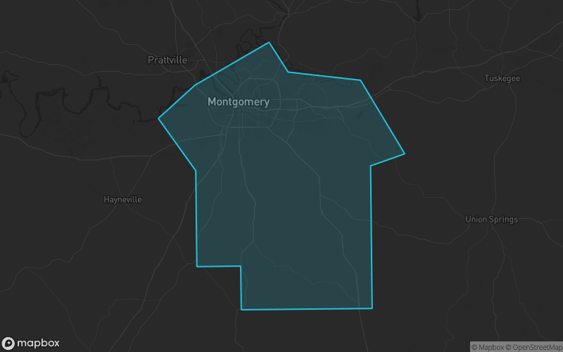 Map of Montgomery County, Alabama showing the county boundary and surrounding cities